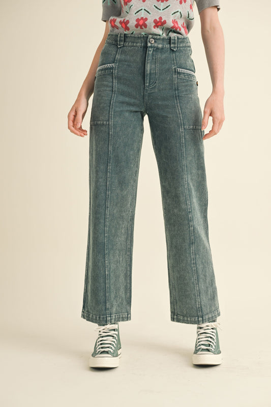 Scallop Stitch Straight Leg Denim Pants | Hunter Green