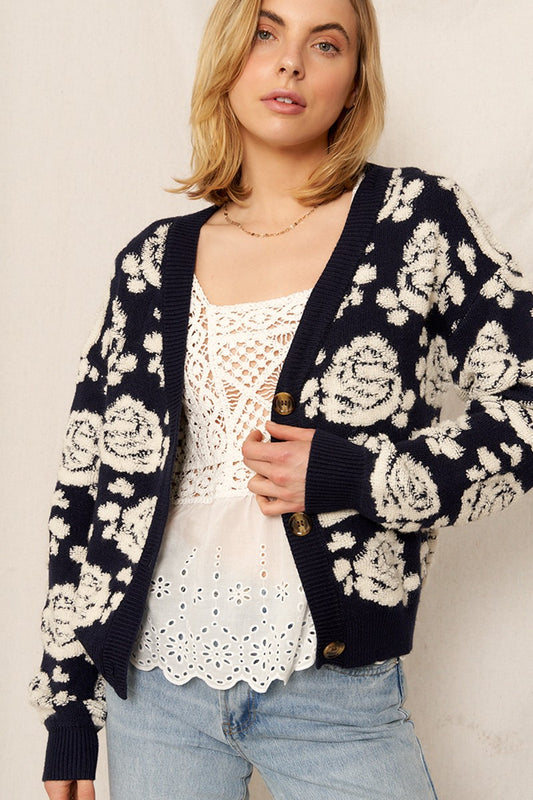 Hailey Rose Print Cardigan | Navy Ivory