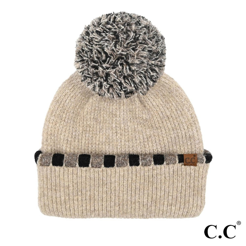 C.C Neutral Horizontal Stripe Cuffed Pom Beanie | Taupe