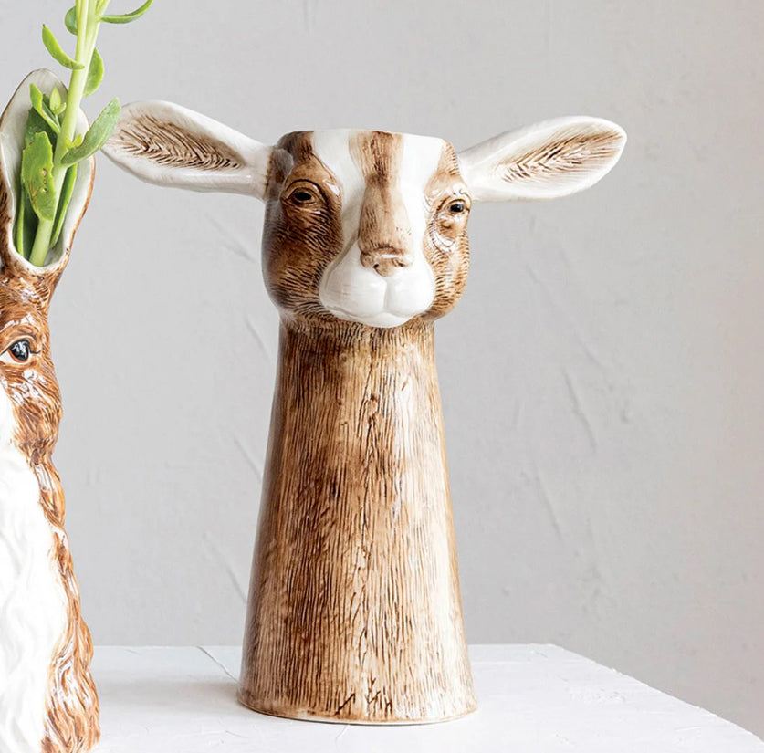 Hand-Painted Stoneware Goat Vase