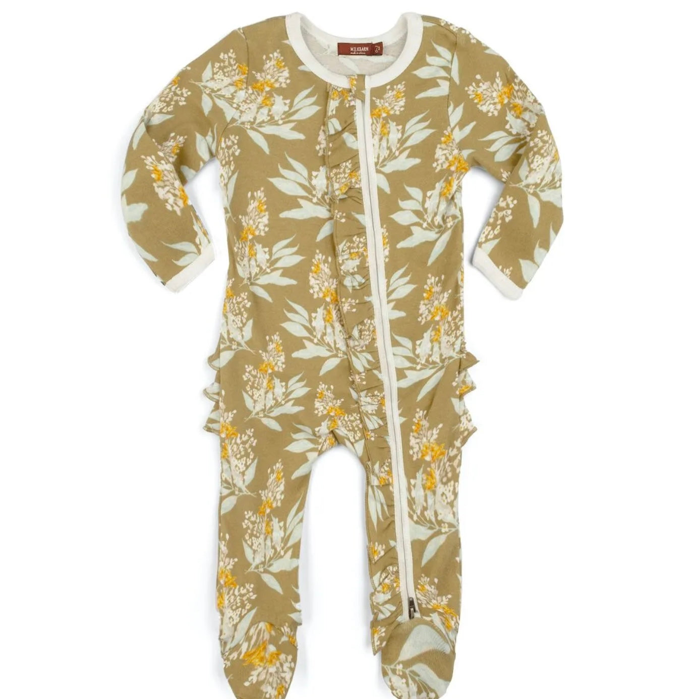 Gold Floral Organic Cotton Ruffle Zipper Footed Romper