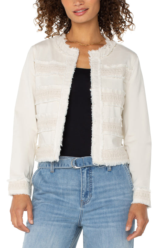 Liverpool Collarless Jacket W/ Fray + Lace | Bone