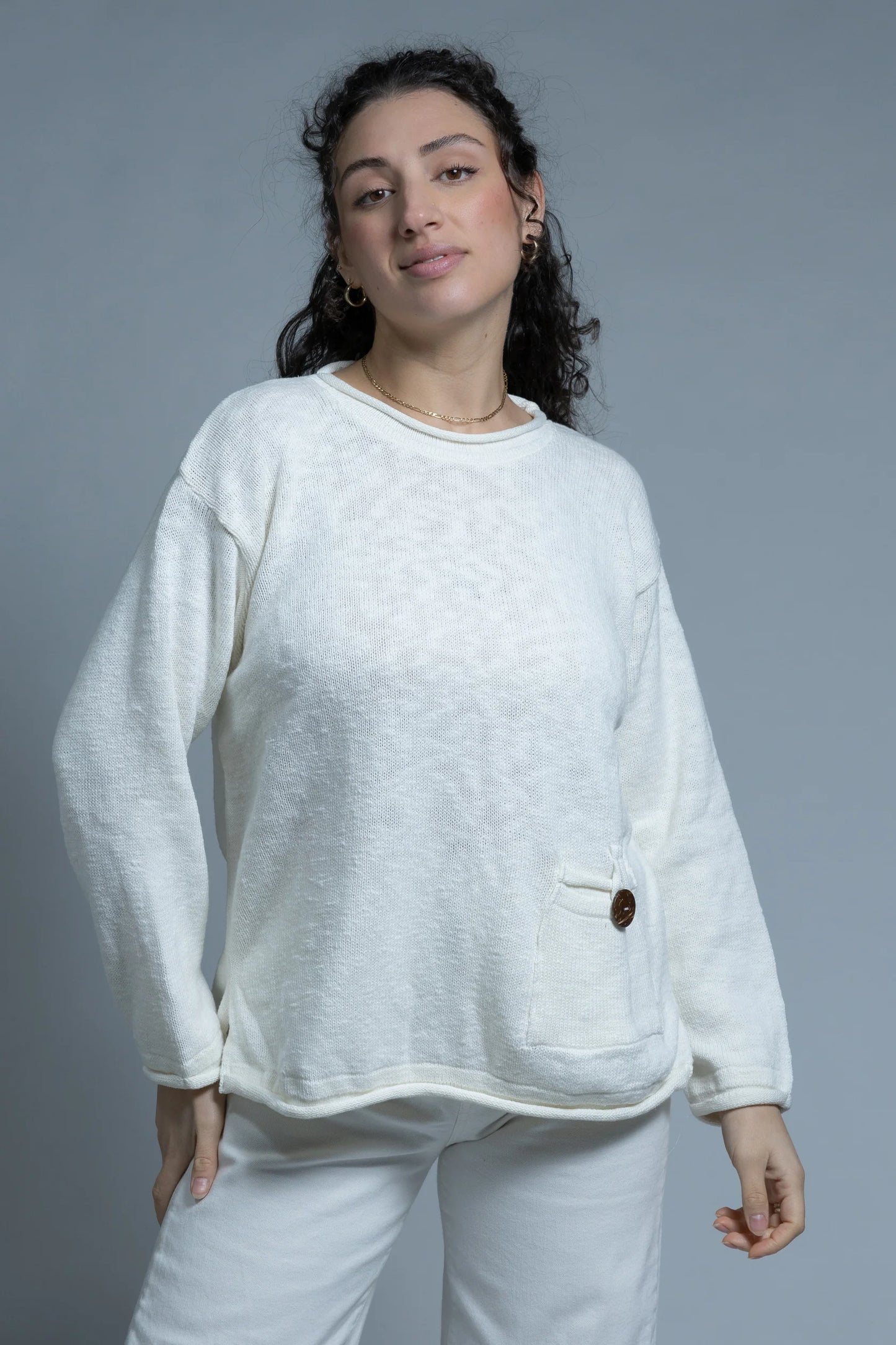 Long Sleeve Rolled Hem Top | White