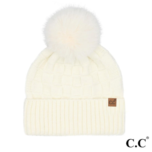 C.C Weaving Texture Pom Beanie | Ivory