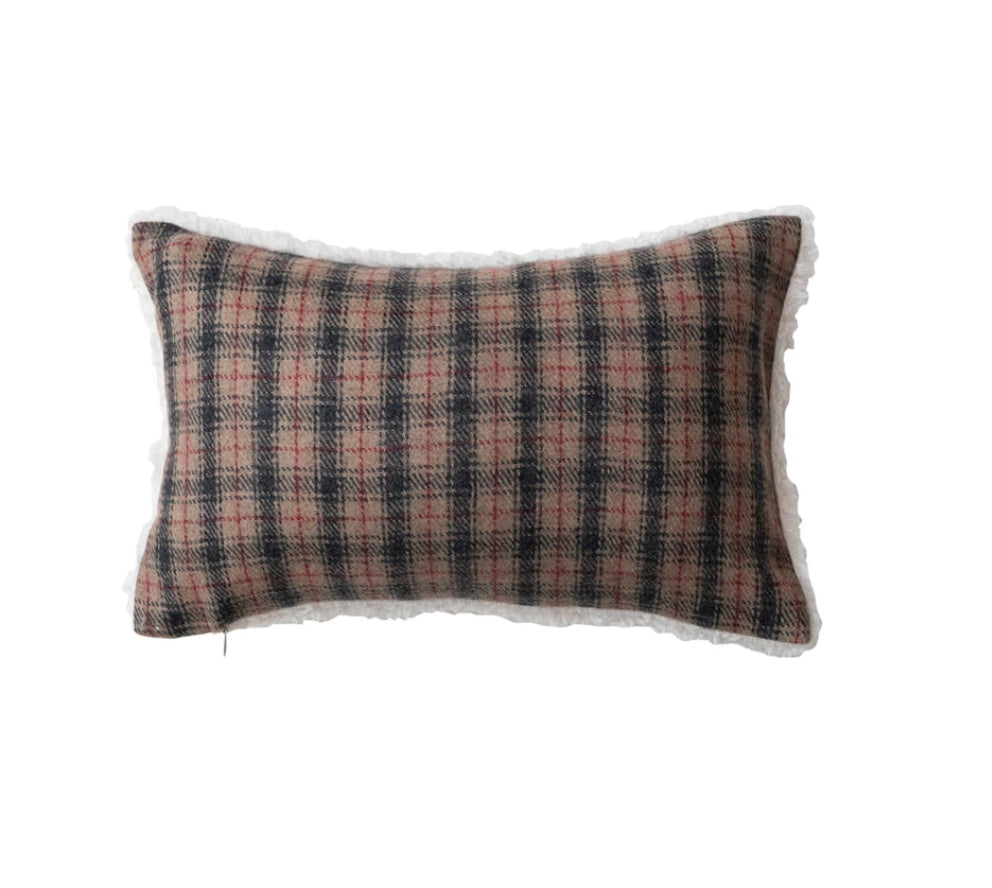 Woven Wool Blend Lumbar Pillow w/ Sherpa Back, Multi Color Plaid