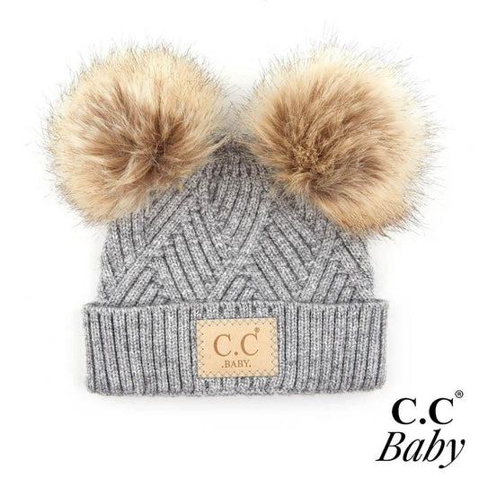 C.C Knit Baby Beanie with Faux Fur Double Poms | Light Grey