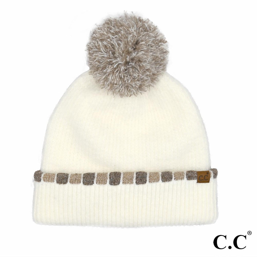 C.C Neutral Horizontal Stripe Cuffed Pom Beanie | Ivory