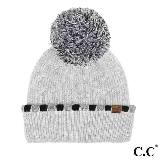 C.C Neutral Horizontal Stripe Cuffed Pom Beanie | Gray