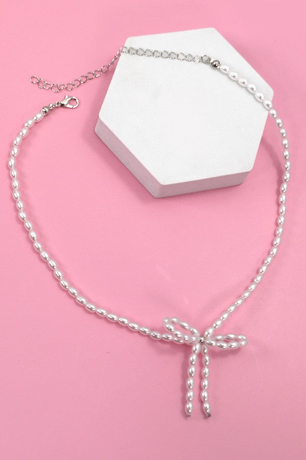 Pearl Bead Bow Ribbon Necklace