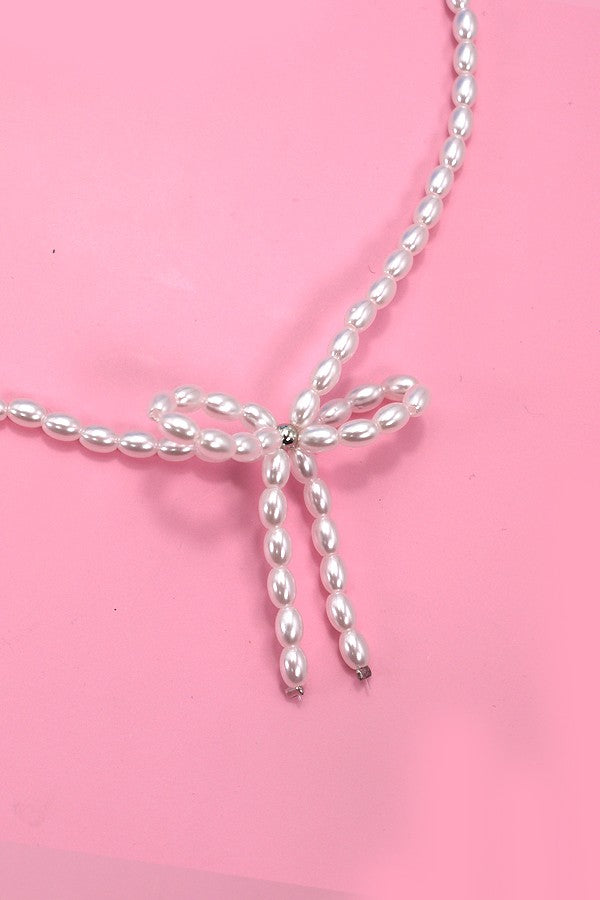 Pearl Bead Bow Ribbon Necklace