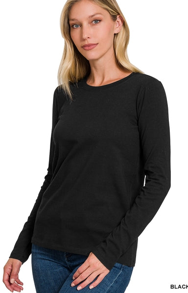 Cotton Crew Neck Long Sleeve T-Shirt | Black