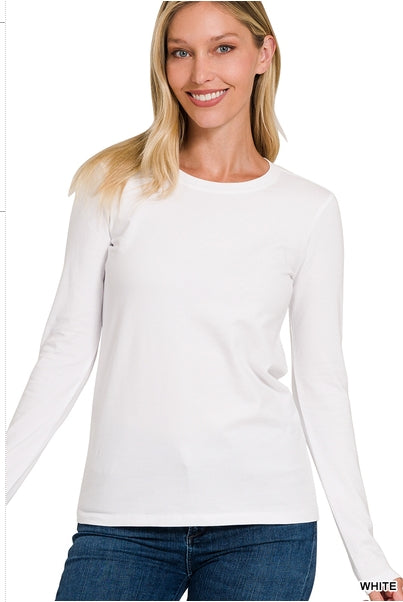 Cotton Crew Neck Long Sleeve T-Shirt | White