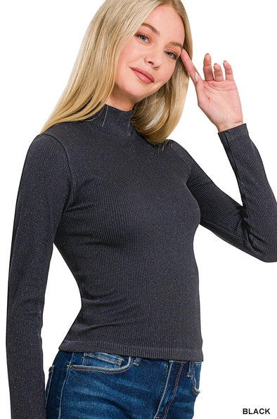 Seamless Ribbed Long Sleeve Mock-Neck Top | Black