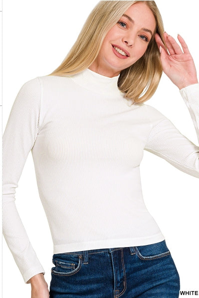 Seamless Ribbed Long Sleeve Mock-Neck Top | White